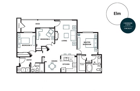 Floor plan for 3 beds, 2 baths, 1140 sqft
